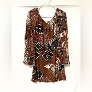 WIN WIN BOHO BROWN PAISLEY MEDALLION BELL SLEEVE ELASTIC NECKLINE TUNIC TOP L XL